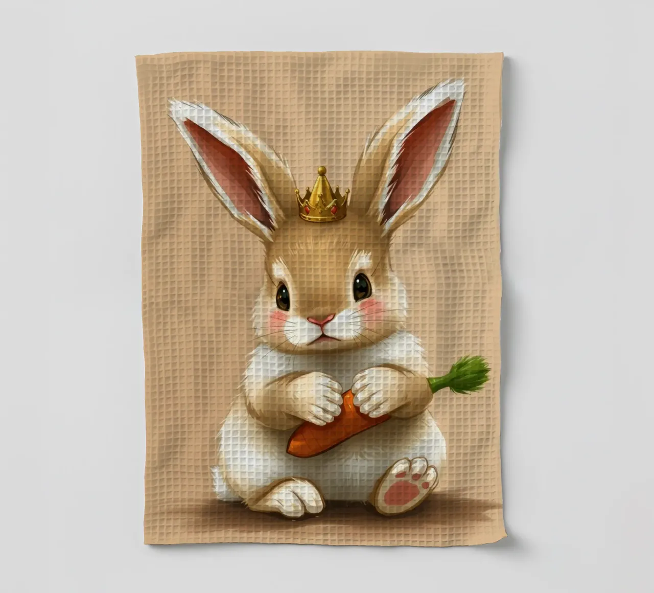 Un mignon lapin de dessin animé portant une couronne tient une carotte torchon de DesignDoodle