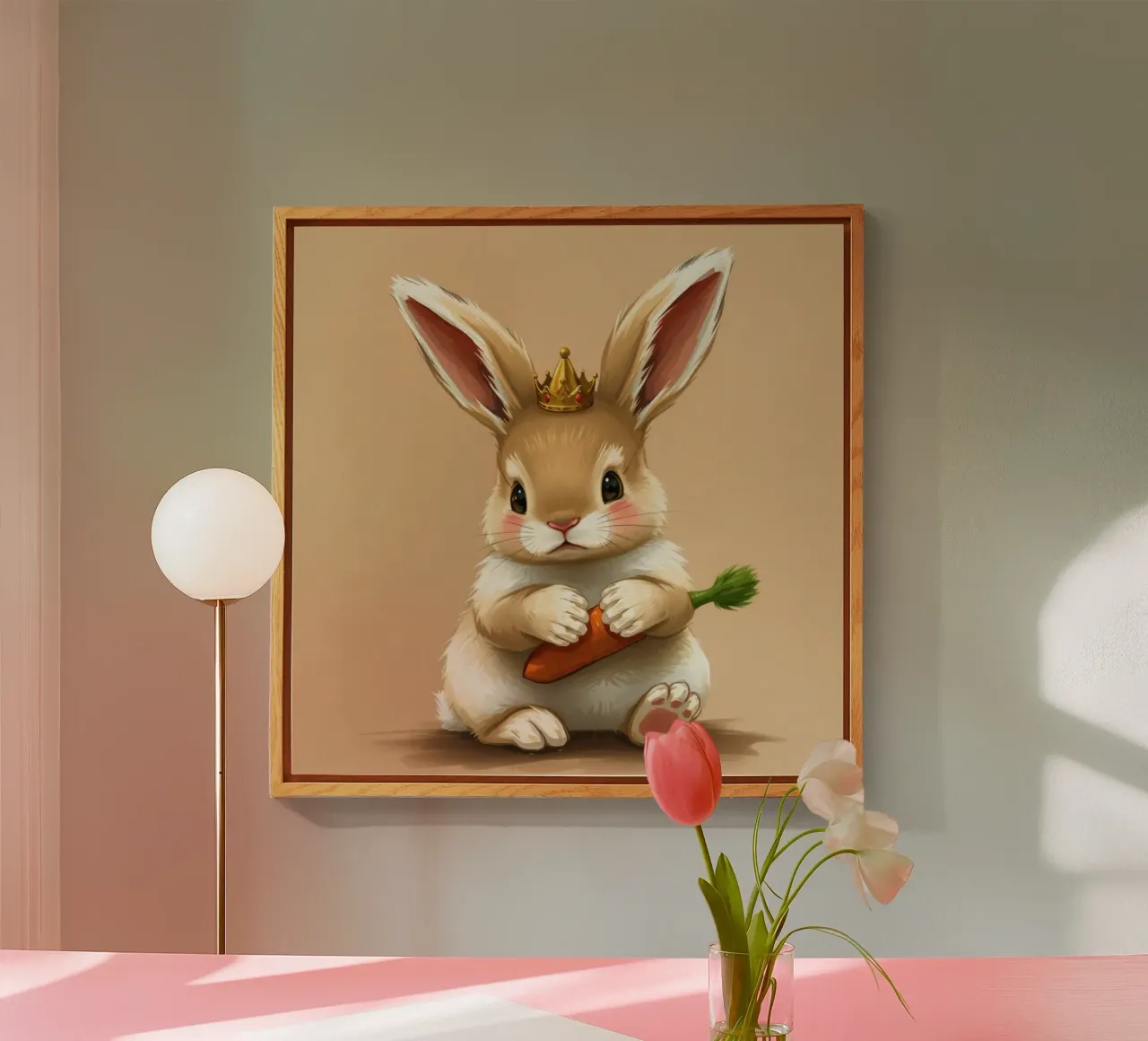 Lindo conejo de dibujos animados con una corona sostiene una zanahoria metacrilato de DesignDoodle
