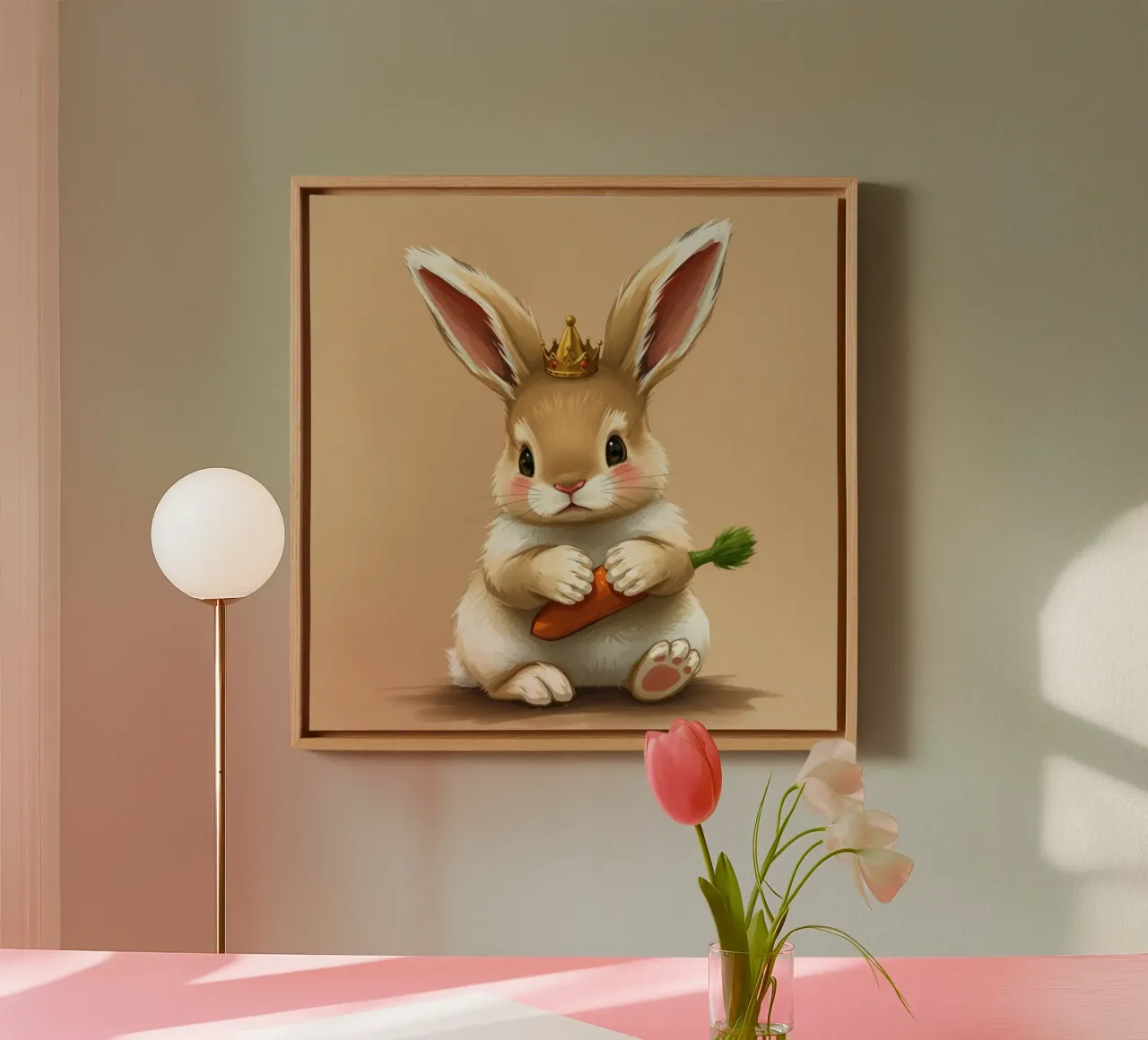 Lindo conejo de dibujos animados con una corona sostiene una zanahoria lienzo con Marco flotante de DesignDoodle