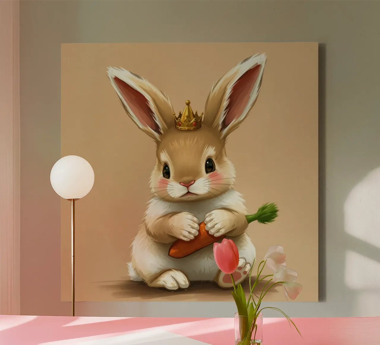 Lindo conejo de dibujos animados con una corona sostiene una zanahoria lienzo con Marco flotante de DesignDoodle