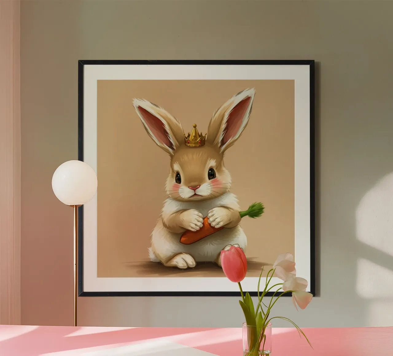 Un mignon lapin de dessin animé portant une couronne tient une carotte hahnemühle de DesignDoodle
