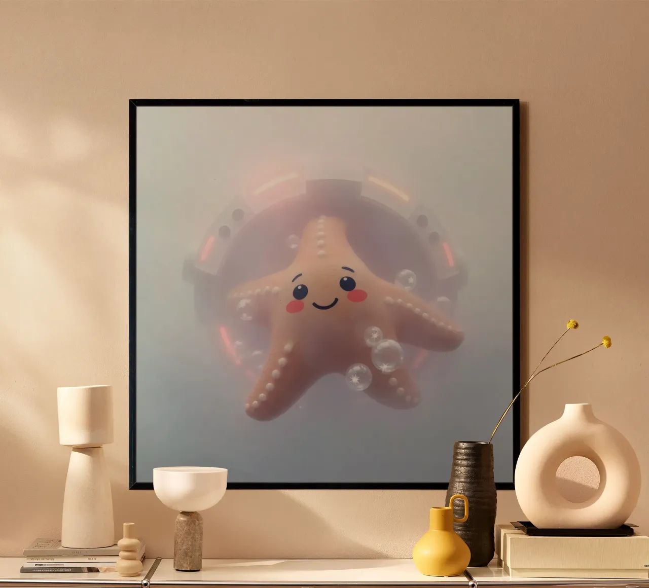 Glücklicher Seestern schwimmt in Blasen in einem bunten U-Boot Hahnemühle von DesignDoodle