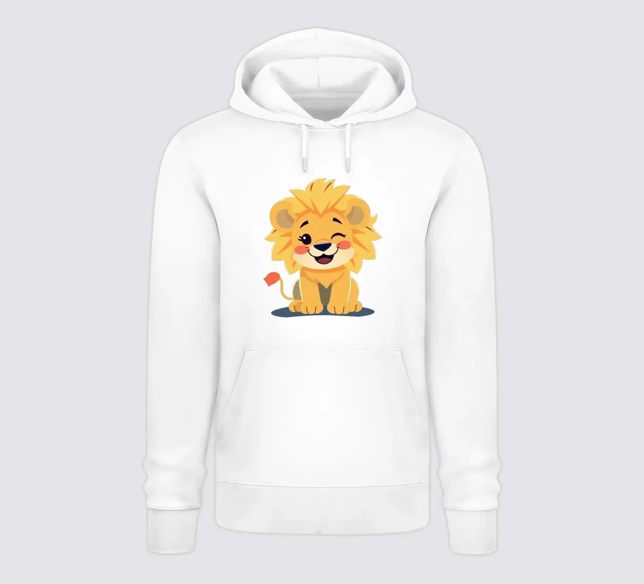 Simpatico leone dei cartoni animati con un'espressione giocosa e seduto felpa con cappuccio da DesignDoodle