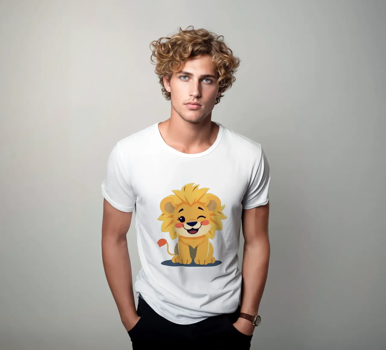 Simpatico leone dei cartoni animati con un'espressione giocosa e seduto t-shirt da DesignDoodle