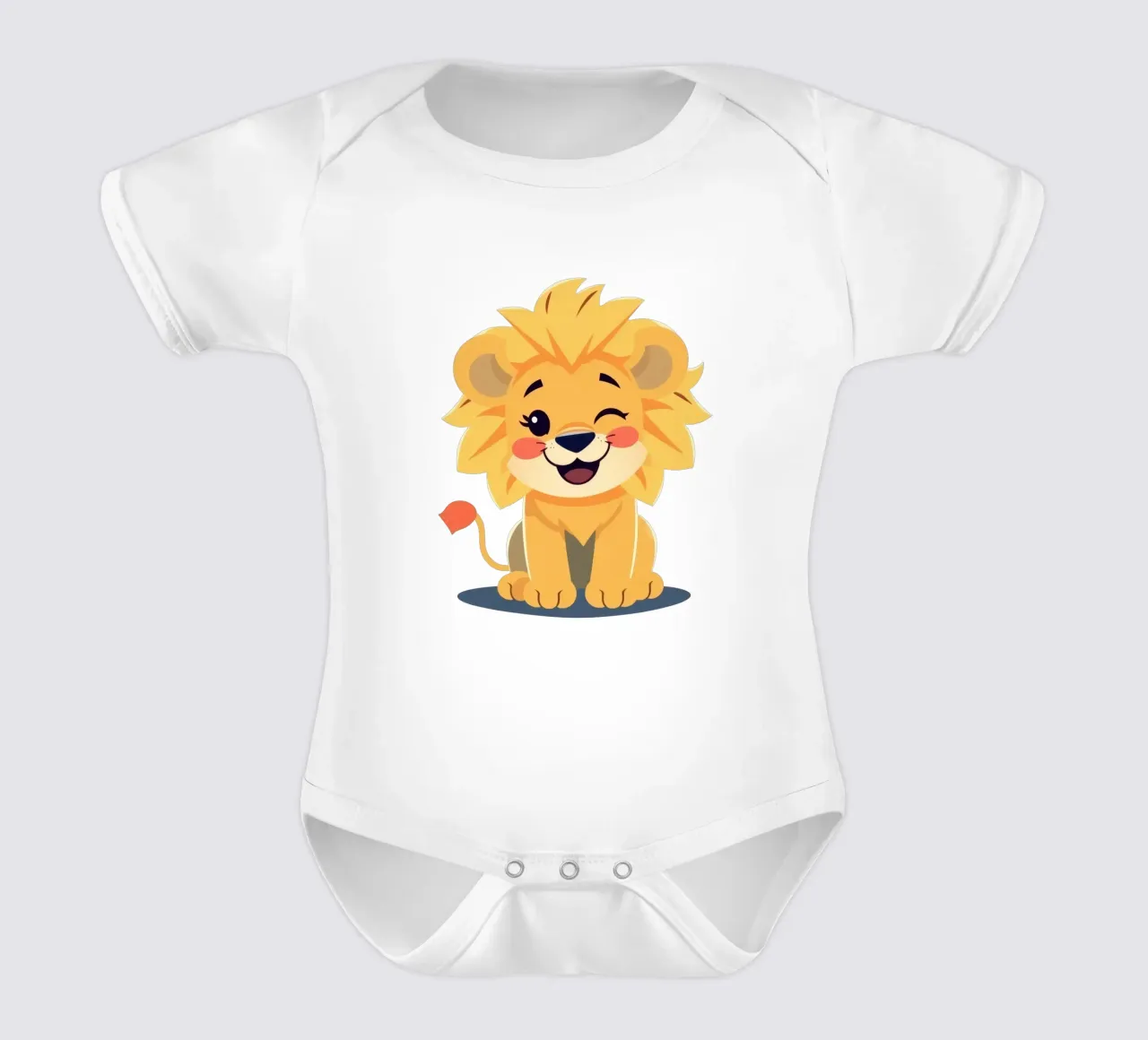 Simpatico leone dei cartoni animati con un'espressione giocosa e seduto body neonato maniche corte da DesignDoodle