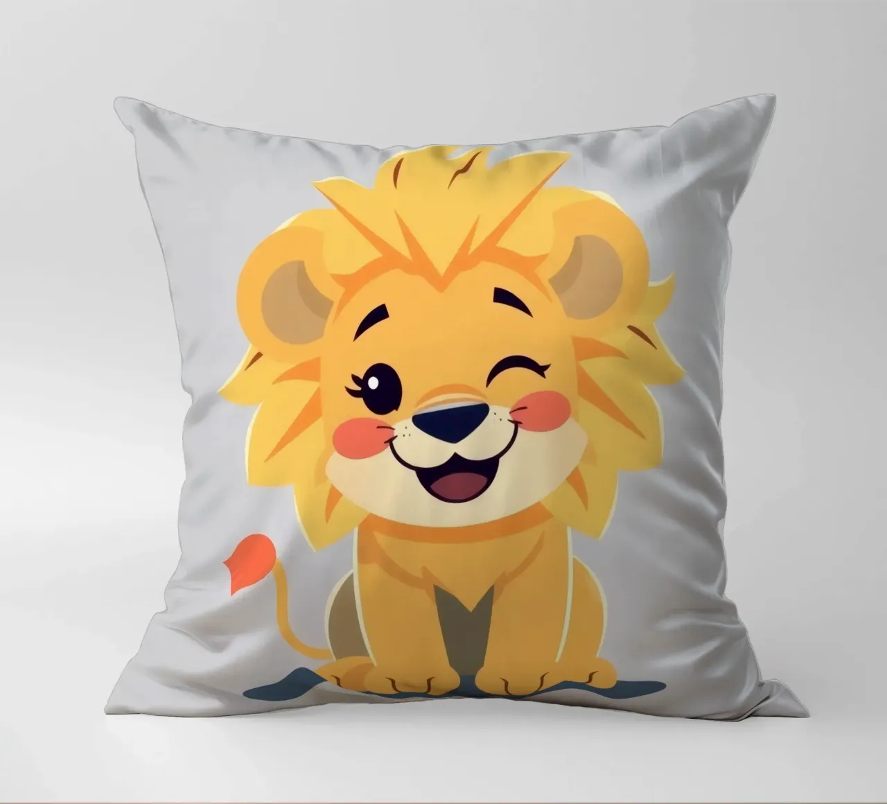 Simpatico leone dei cartoni animati con un'espressione giocosa e seduto cuscino da DesignDoodle