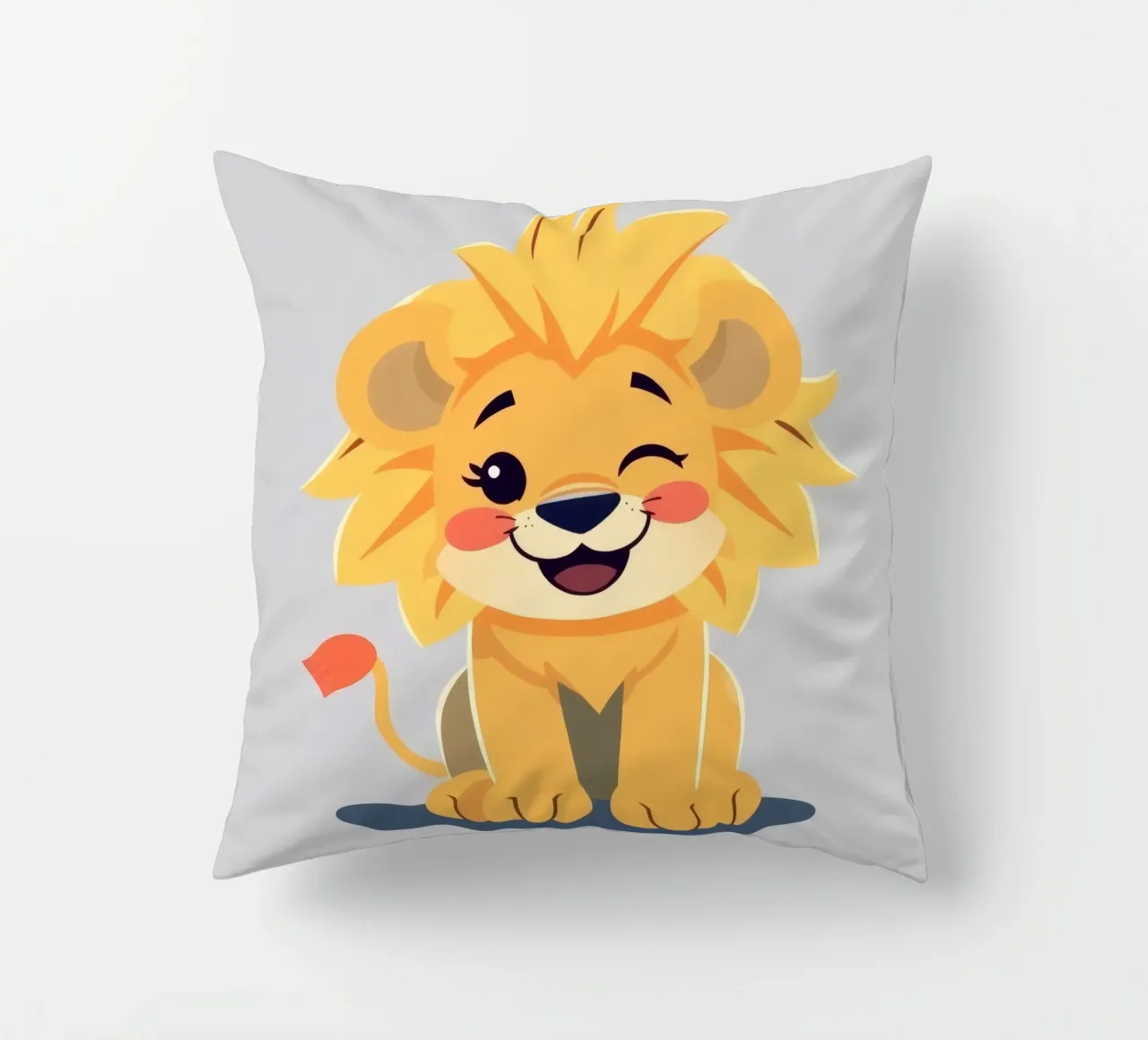 Simpatico leone dei cartoni animati con un'espressione giocosa e seduto cuscino da DesignDoodle