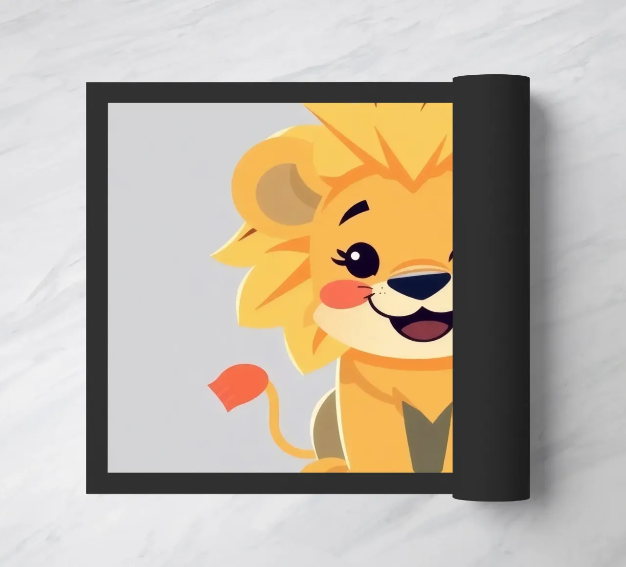 Simpatico leone dei cartoni animati con un'espressione giocosa e seduto zerbino da DesignDoodle