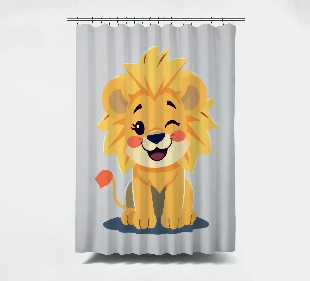 Simpatico leone dei cartoni animati con un'espressione giocosa e seduto tenda da doccia da DesignDoodle