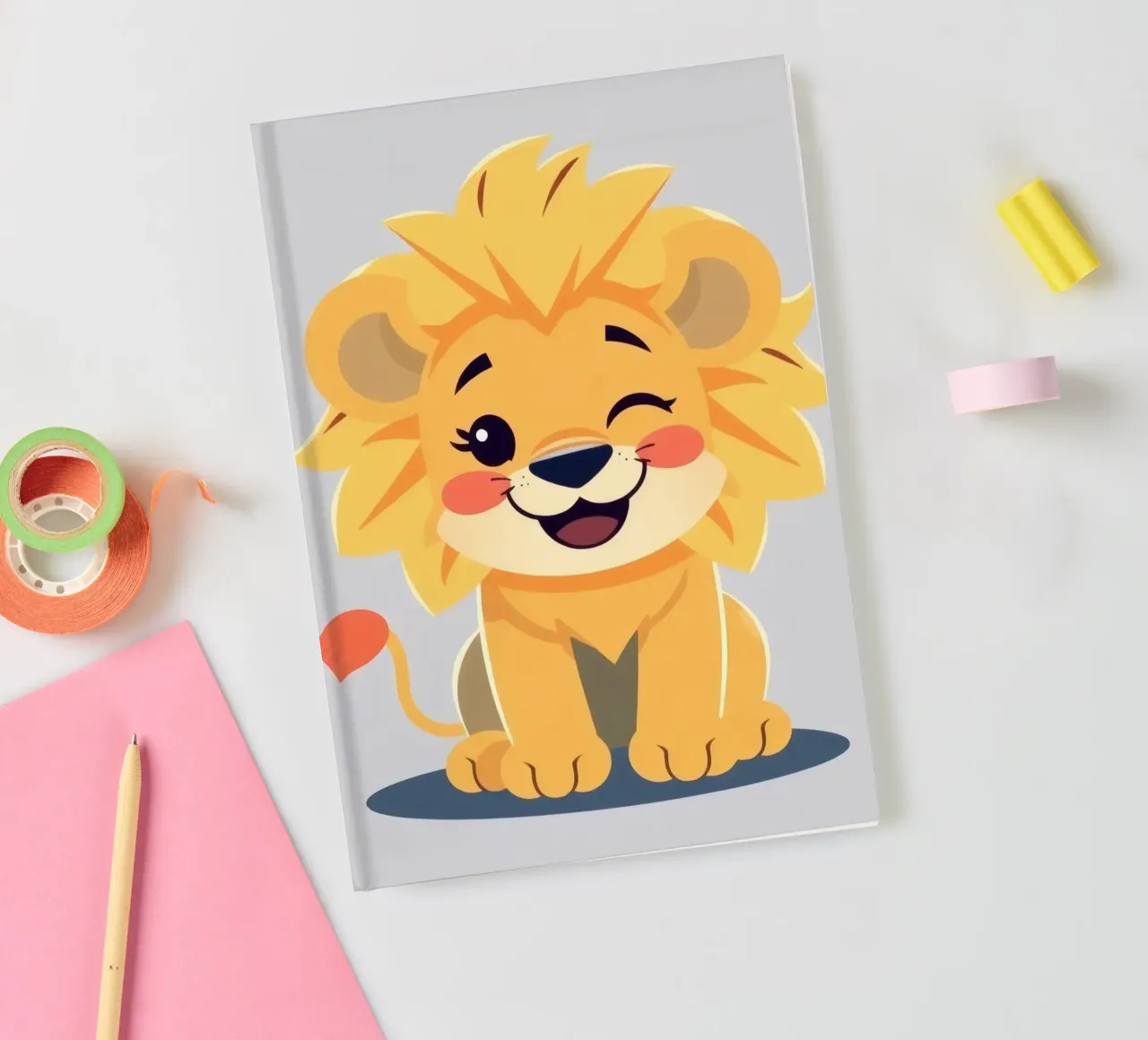 Mignon lion de dessin animé à l'expression enjouée, assis carnet de notes de DesignDoodle