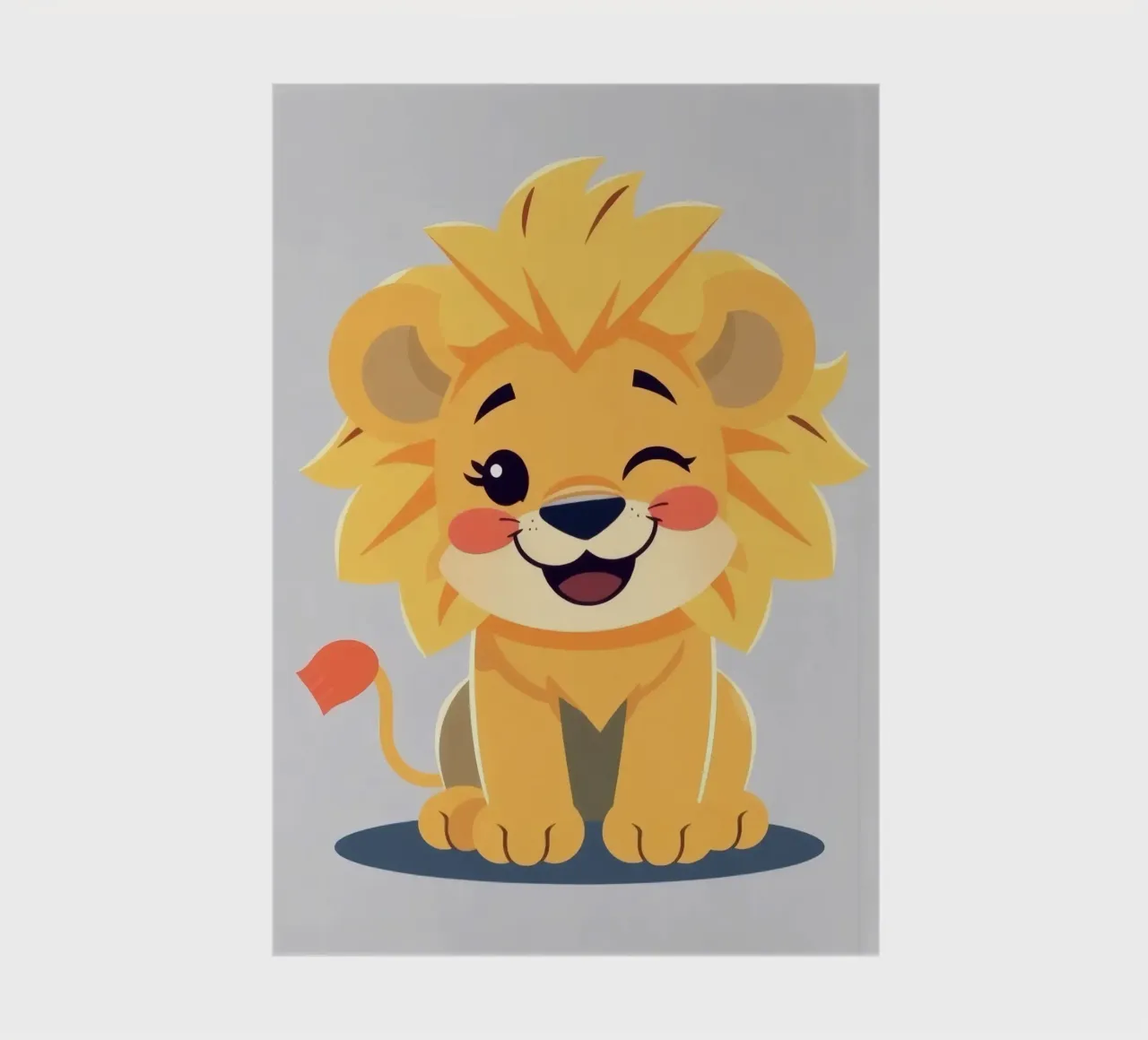 Mignon lion de dessin animé à l'expression enjouée, assis carnet de notes de DesignDoodle