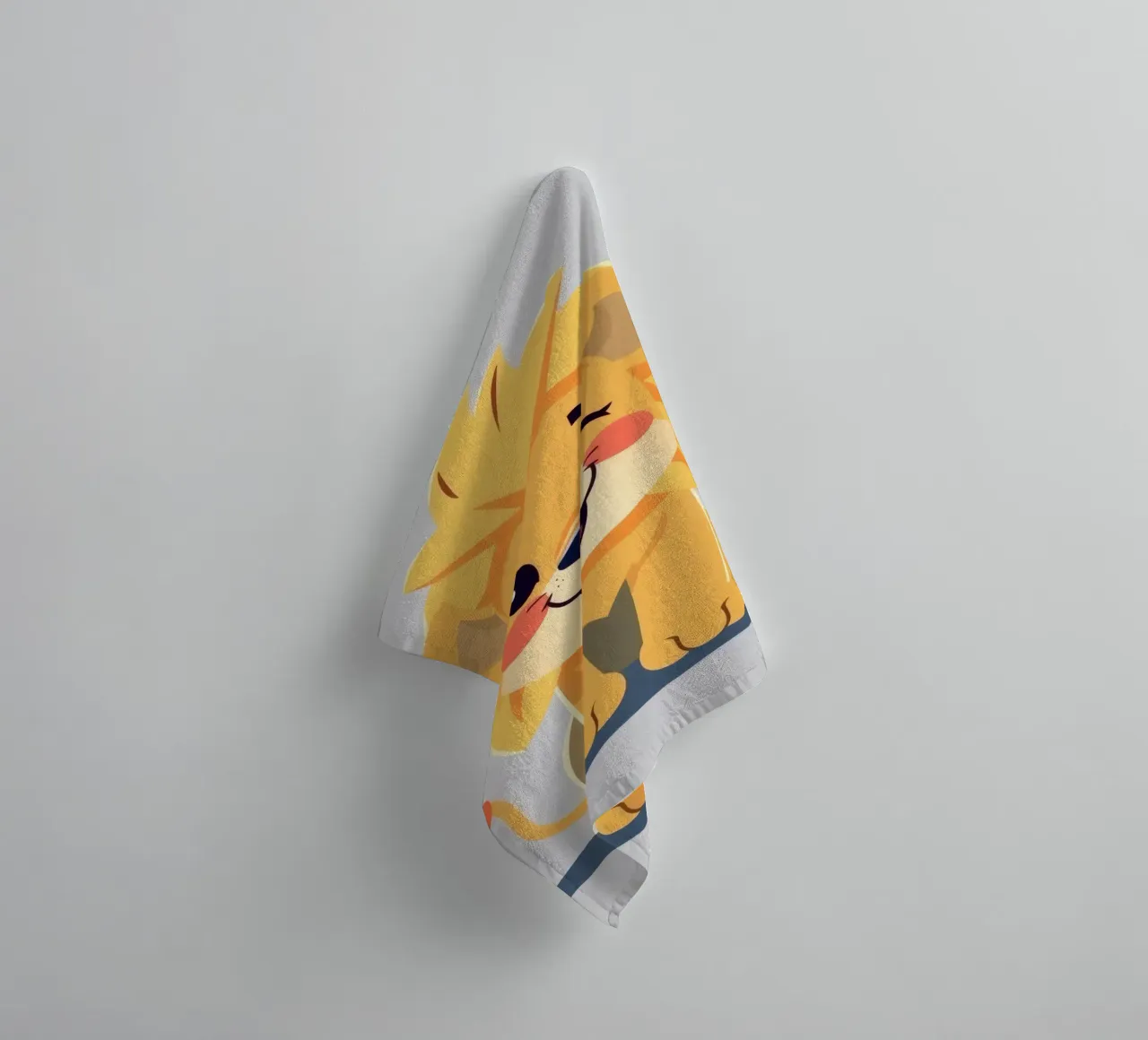 Simpatico leone dei cartoni animati con un'espressione giocosa e seduto asciugamano da bagno da DesignDoodle