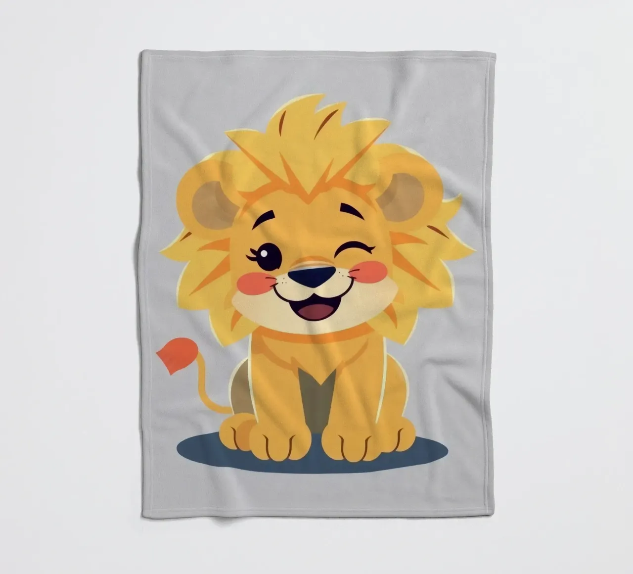 Simpatico leone dei cartoni animati con un'espressione giocosa e seduto coperta in pile da DesignDoodle