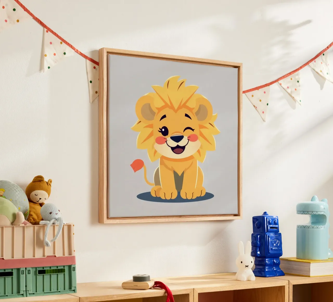 Simpatico leone dei cartoni animati con un'espressione giocosa e seduto tela con Cornice a cassetta da DesignDoodle