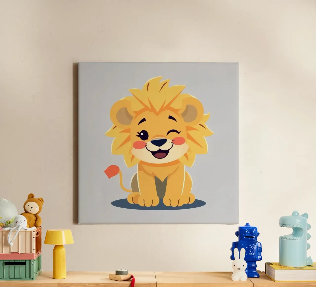 Simpatico leone dei cartoni animati con un'espressione giocosa e seduto tela con Cornice a cassetta da DesignDoodle