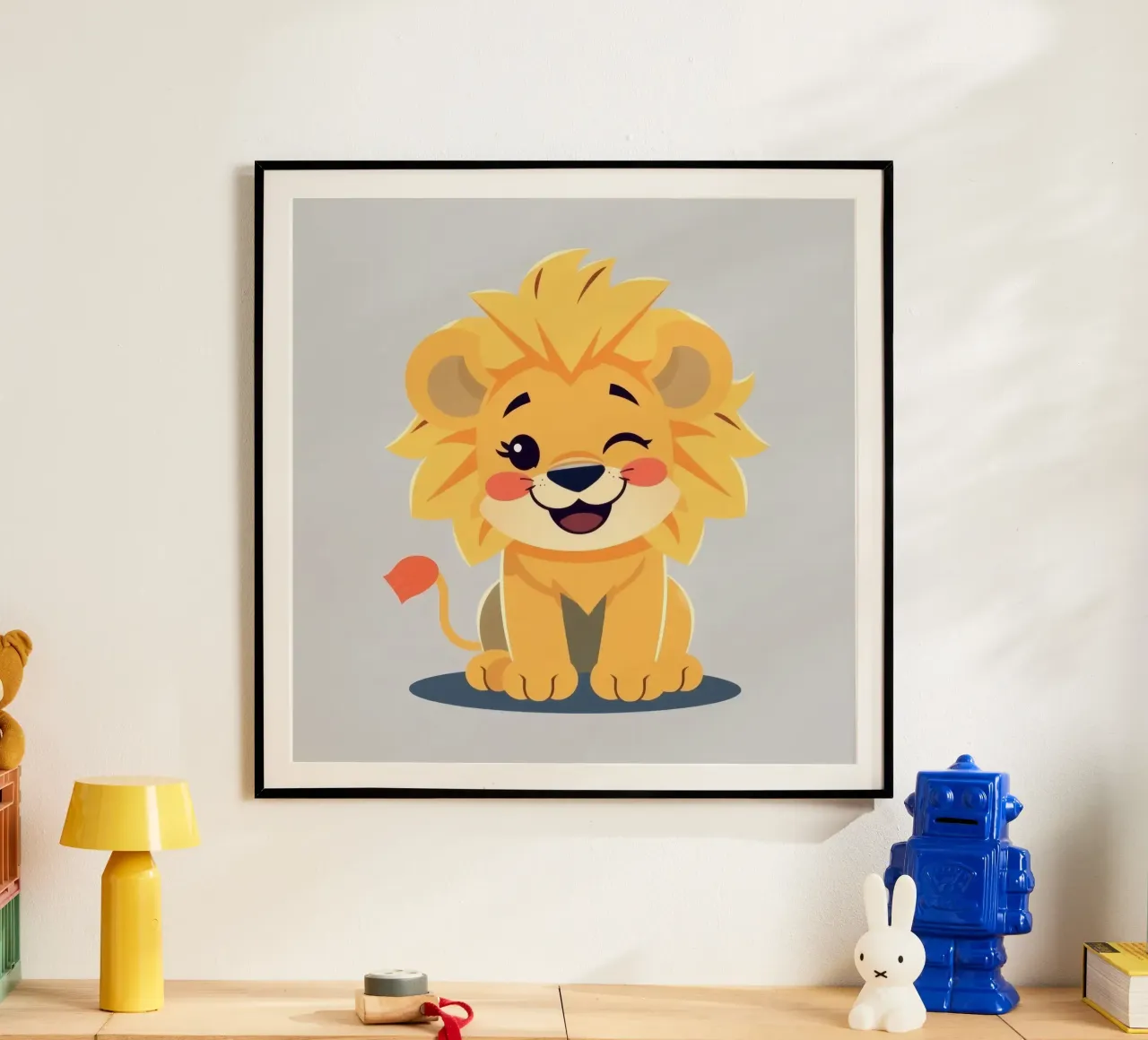 Simpatico leone dei cartoni animati con un'espressione giocosa e seduto carta hahnemühle da DesignDoodle
