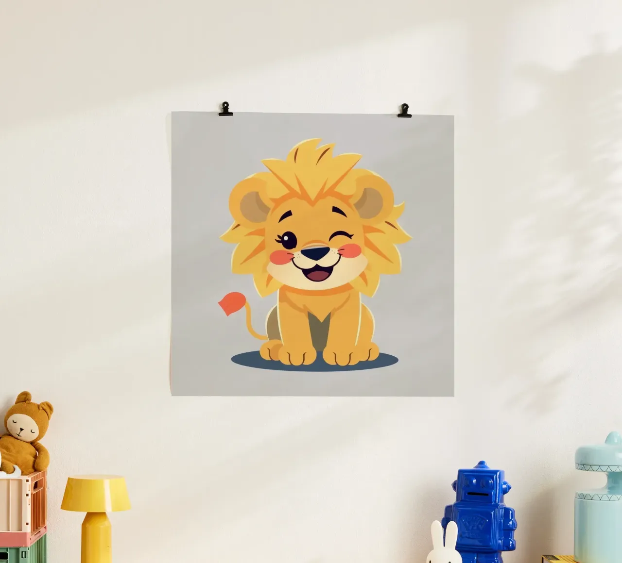 Simpatico leone dei cartoni animati con un'espressione giocosa e seduto carta hahnemühle da DesignDoodle