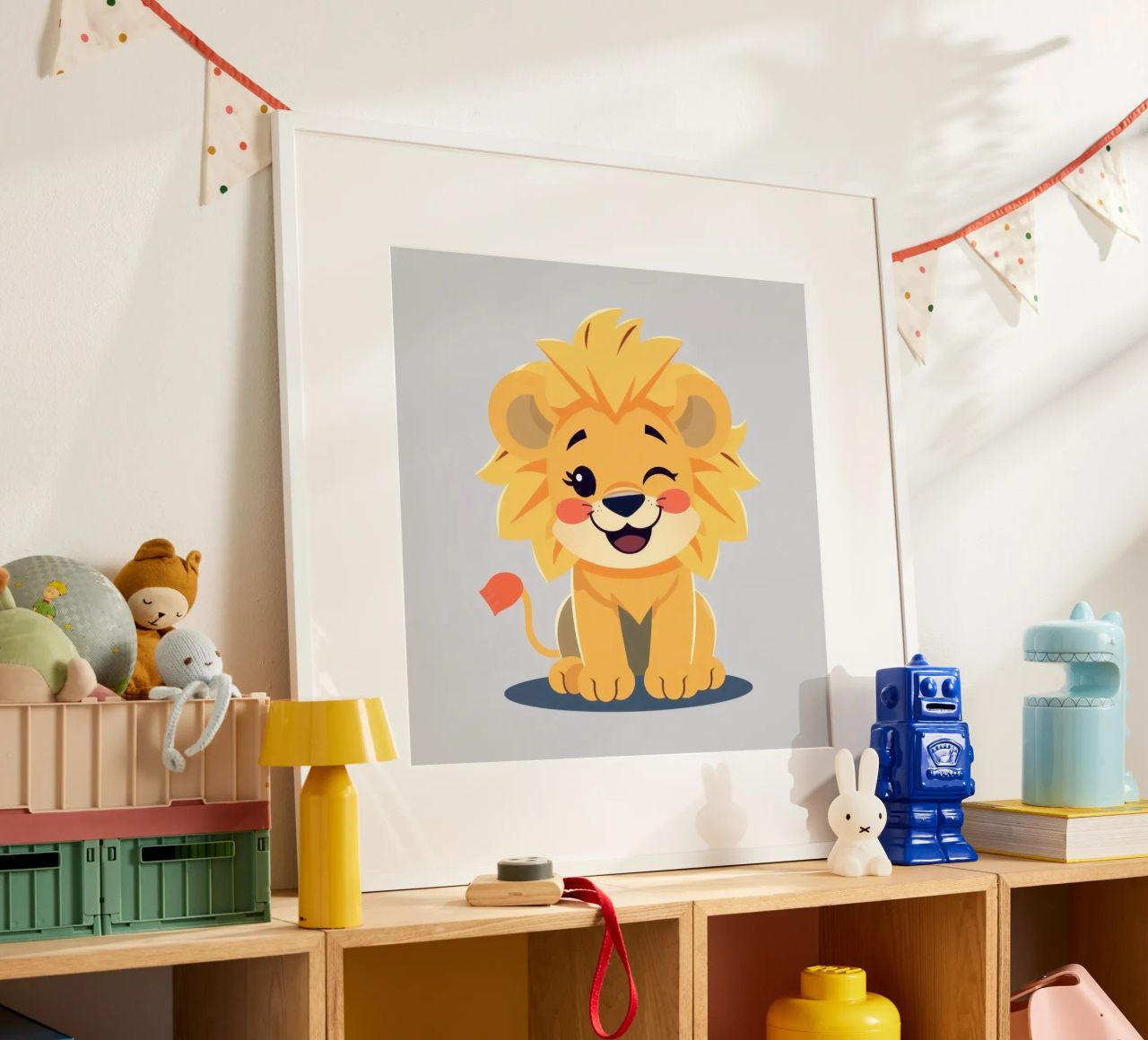 Niedlicher Cartoon-Löwe mit verspieltem Ausdruck, sitzend Poster von DesignDoodle