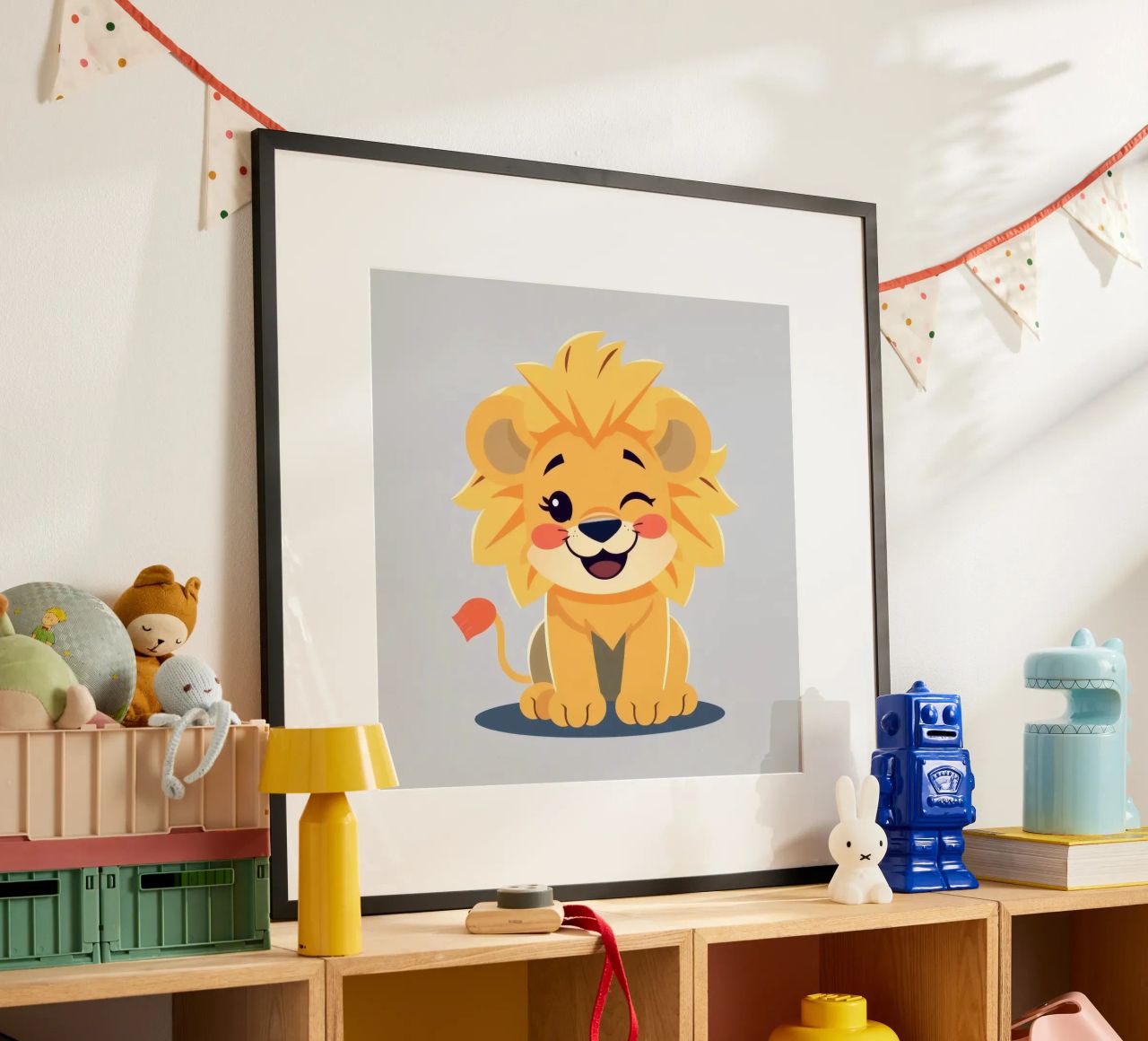 Niedlicher Cartoon-Löwe mit verspieltem Ausdruck, sitzend Poster von DesignDoodle