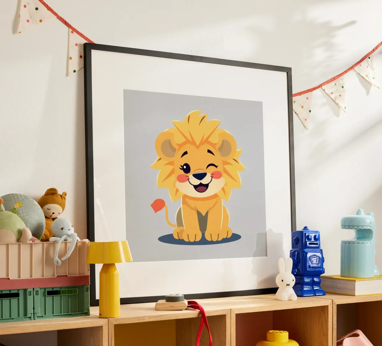 Simpatico leone dei cartoni animati con un'espressione giocosa e seduto carta hahnemühle da DesignDoodle