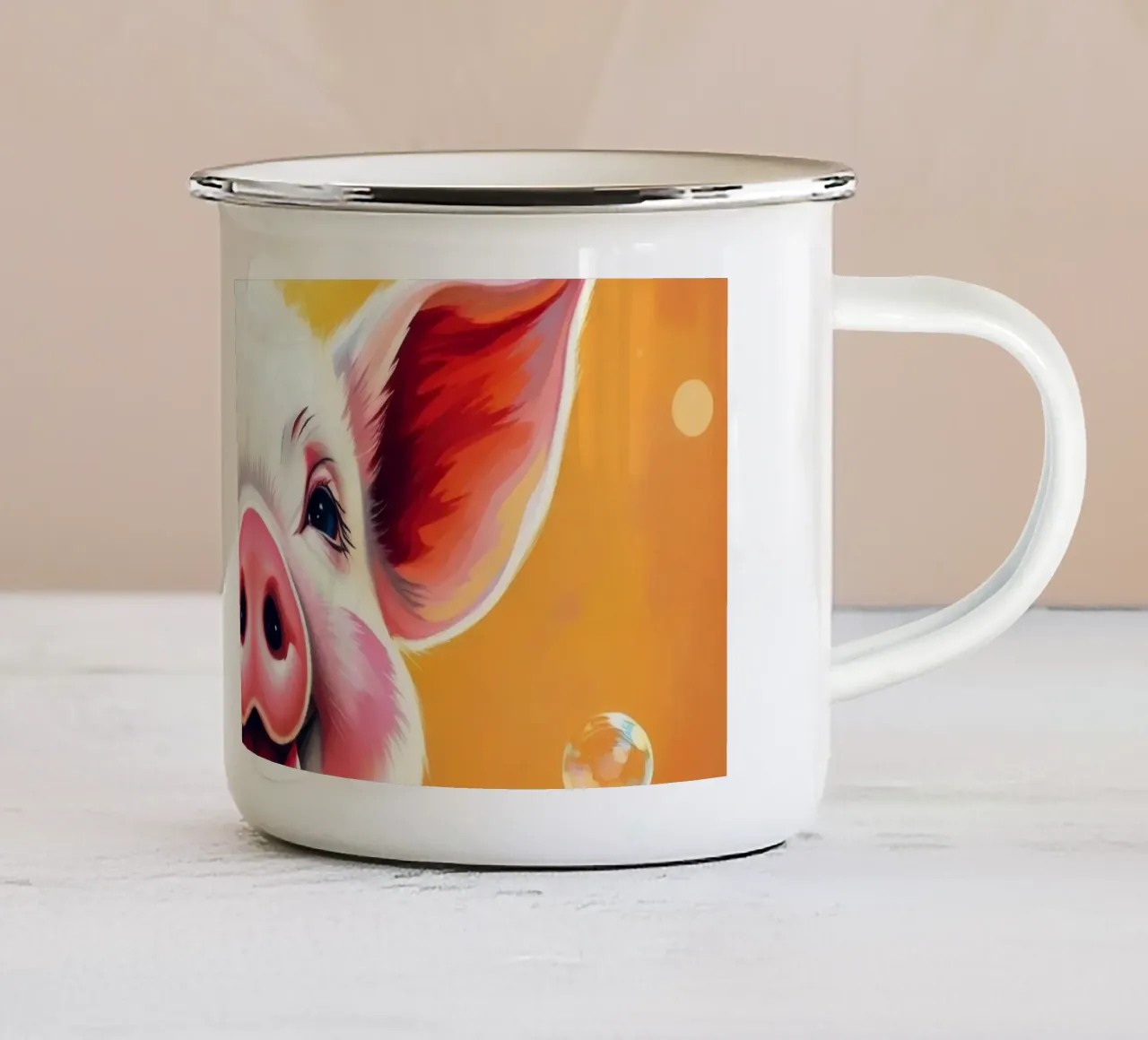 Maialino felice che soffia bolle di sapone in uno stato d'animo giocoso tazza in smalto da DesignDoodle