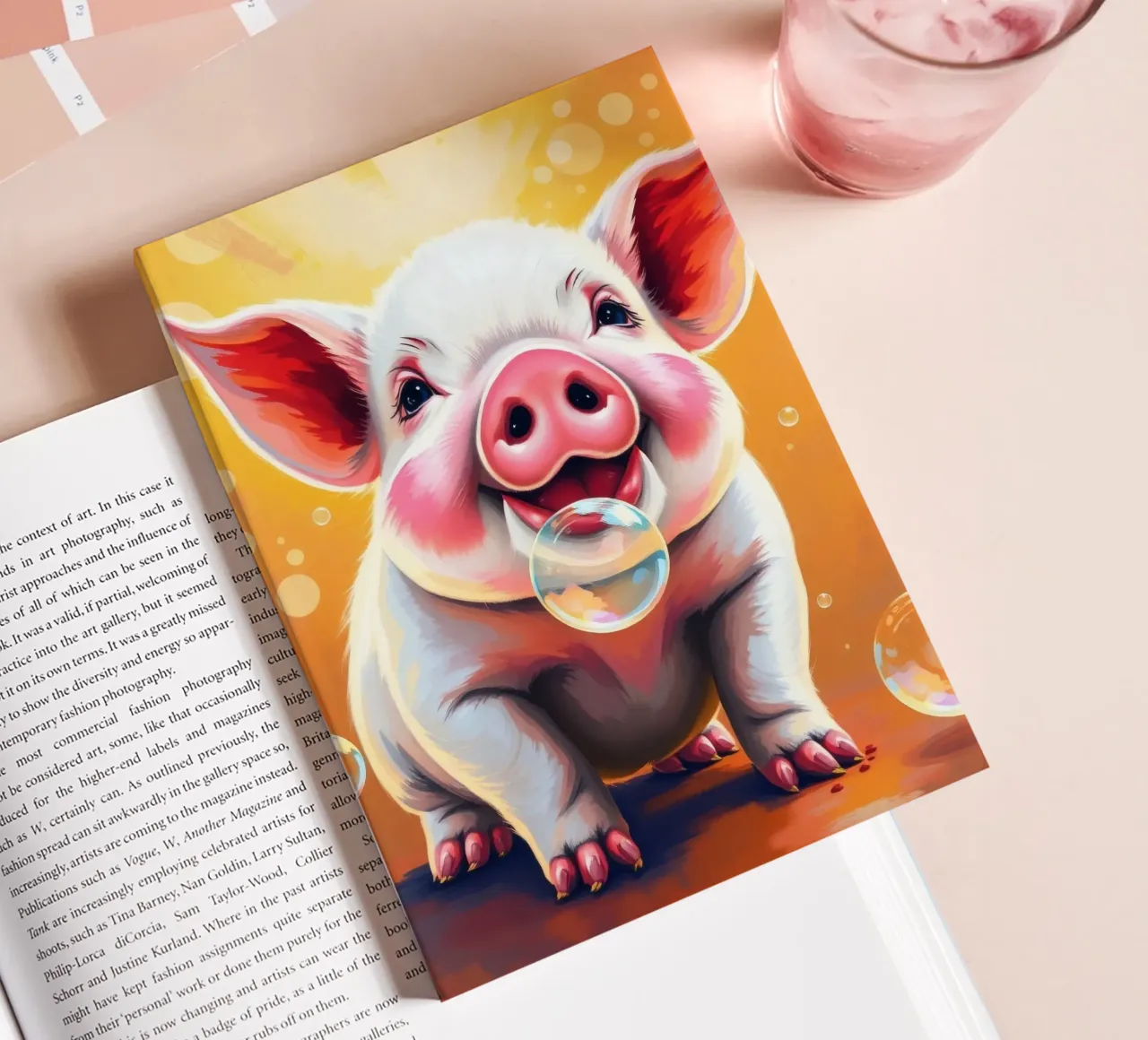 Happy piglet blowing bubbles in a playful mood notebook by DesignDoodle