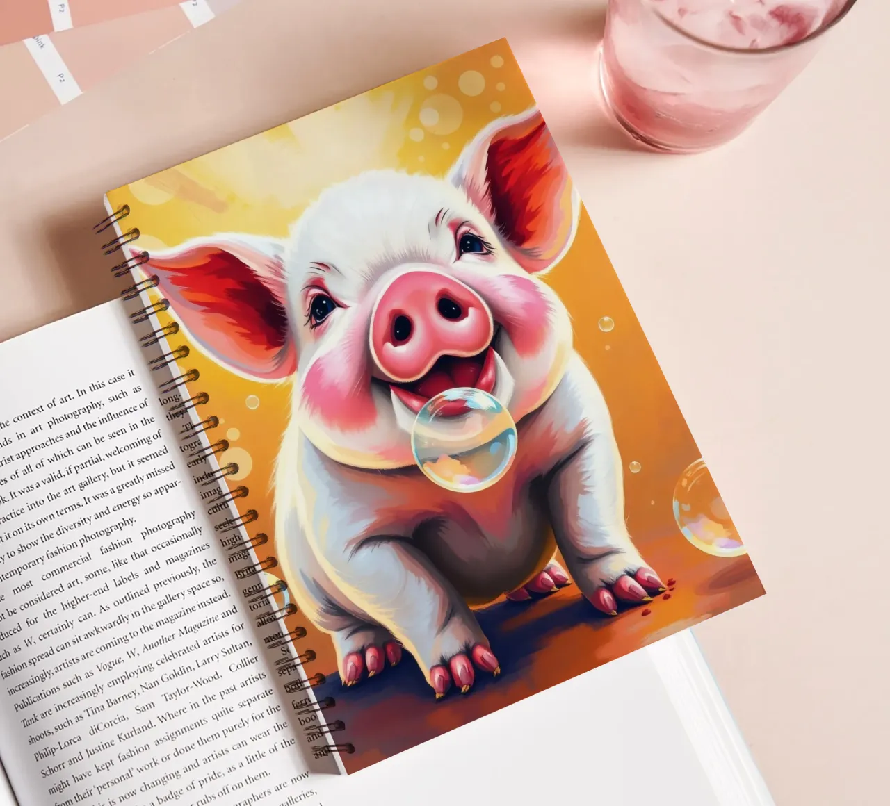 Happy piglet blowing bubbles in a playful mood spiral notebook by DesignDoodle