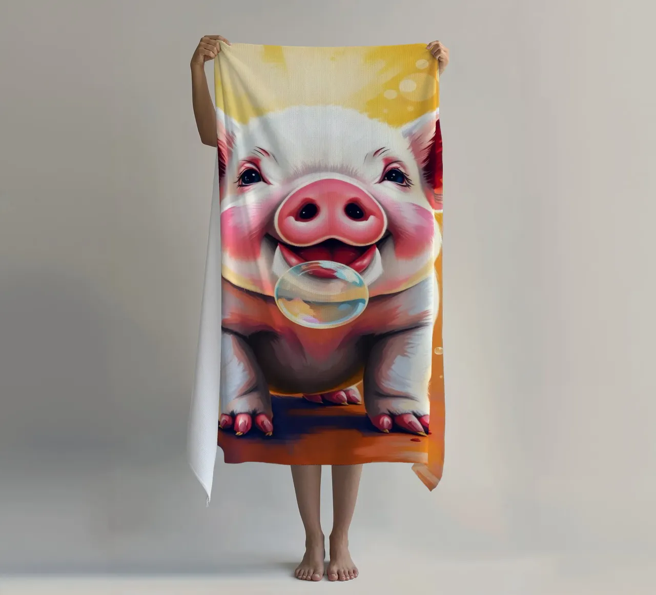 Happy piglet blowing bubbles in a playful mood beach towel by DesignDoodle