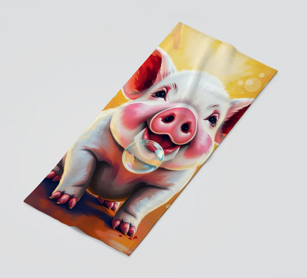 Happy piglet blowing bubbles in a playful mood beach towel by DesignDoodle