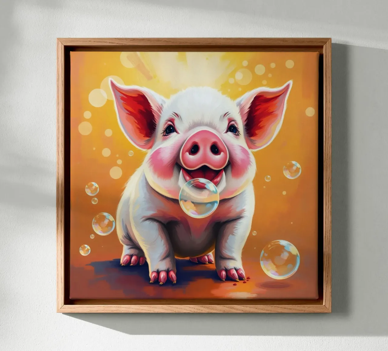 Happy piglet blowing bubbles in a playful mood canvas by DesignDoodle