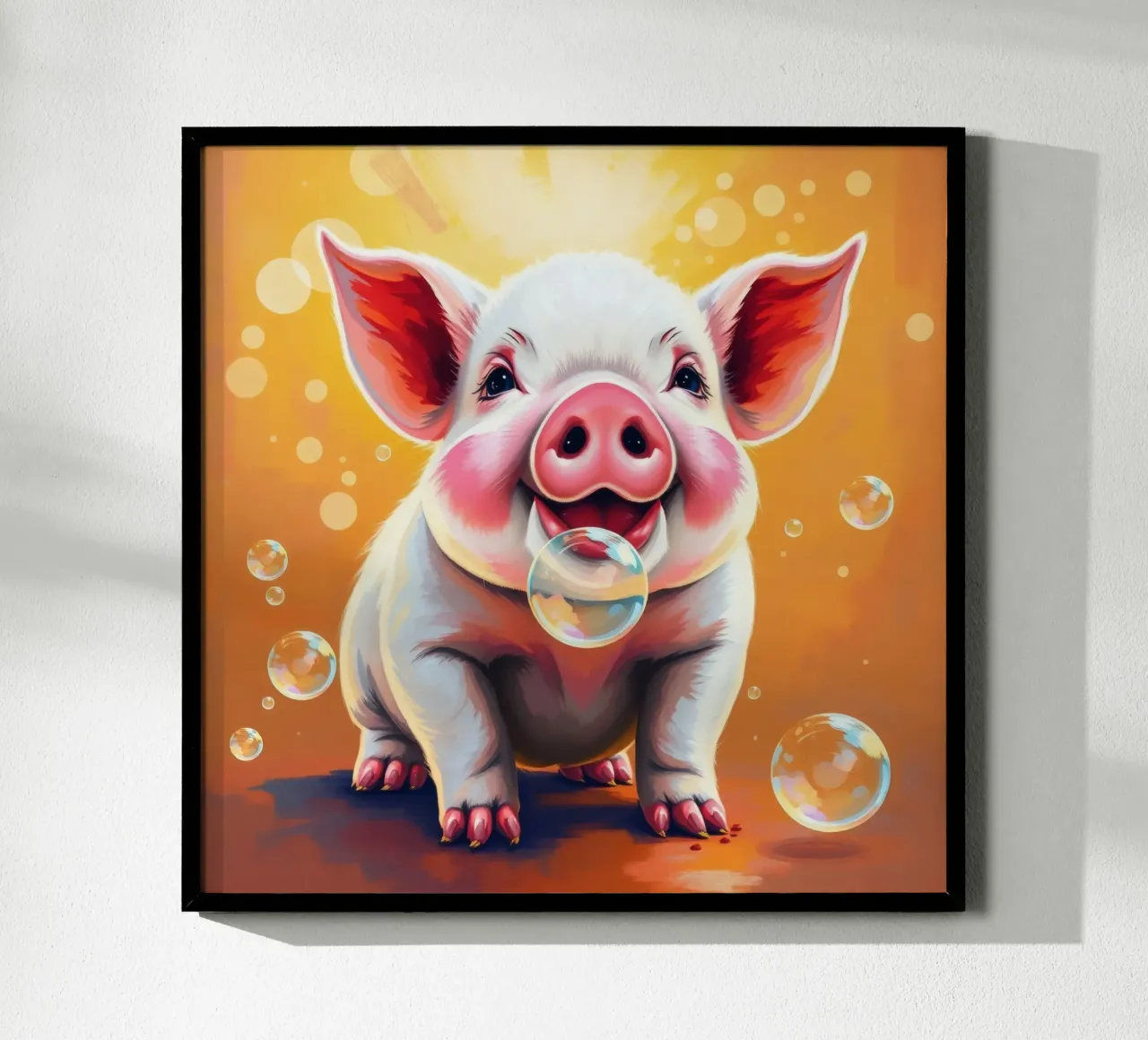 Happy piglet blowing bubbles in a playful mood hahnemühle by DesignDoodle