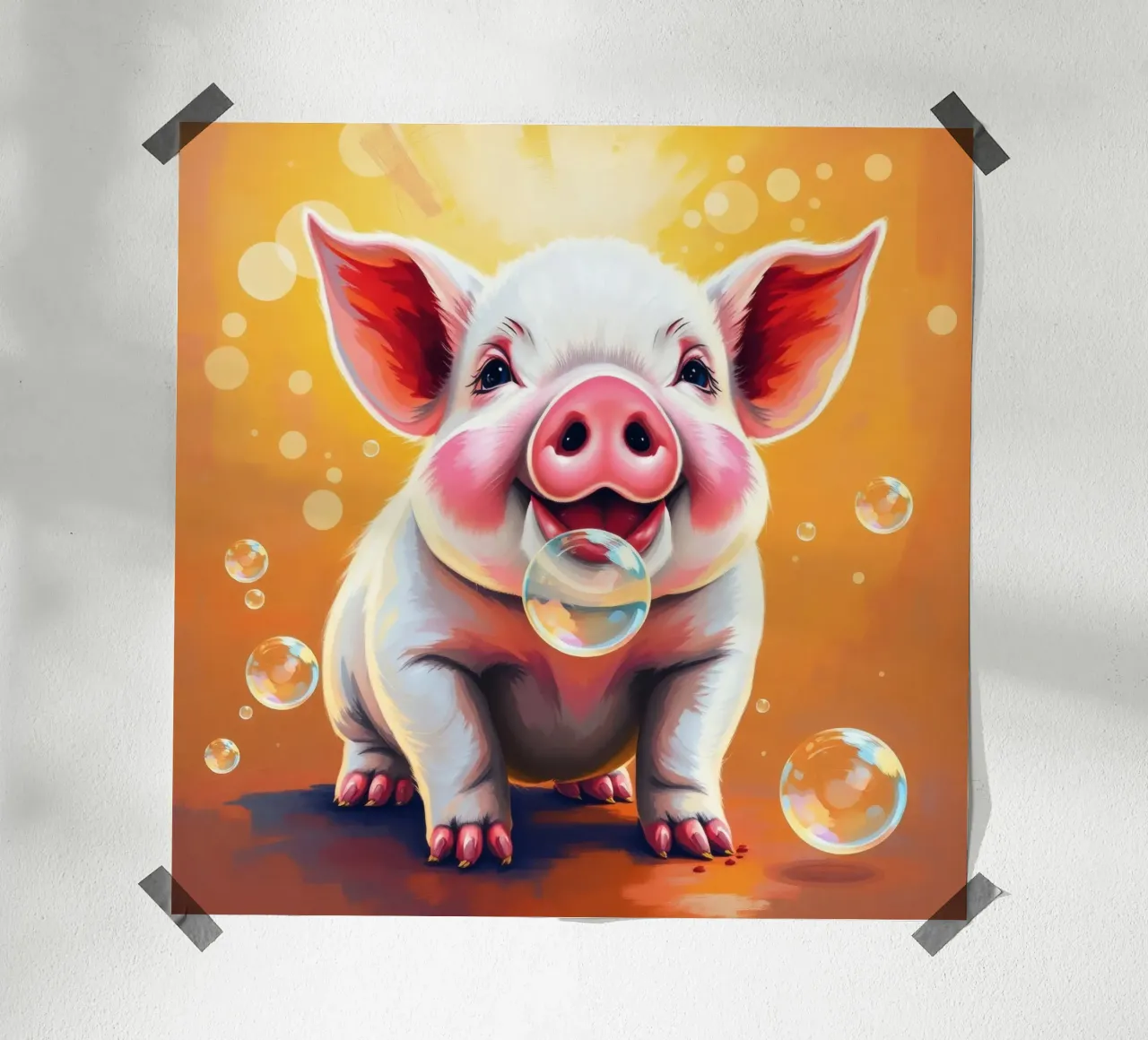 Happy piglet blowing bubbles in a playful mood hahnemühle by DesignDoodle
