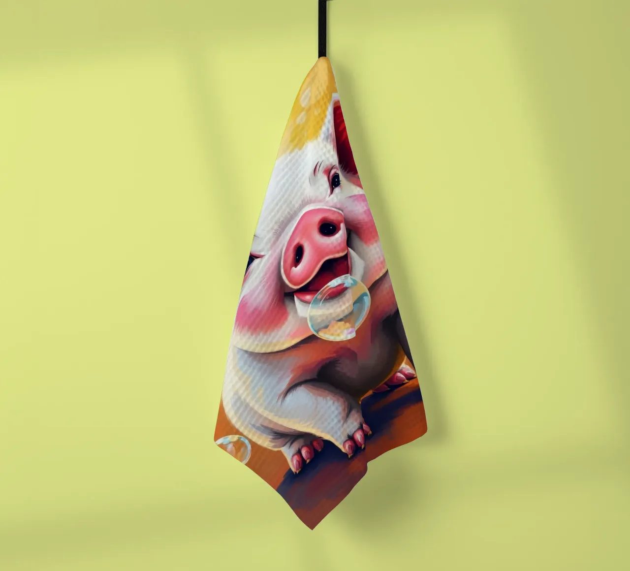 Happy piglet blowing bubbles in a playful mood tea towel by DesignDoodle