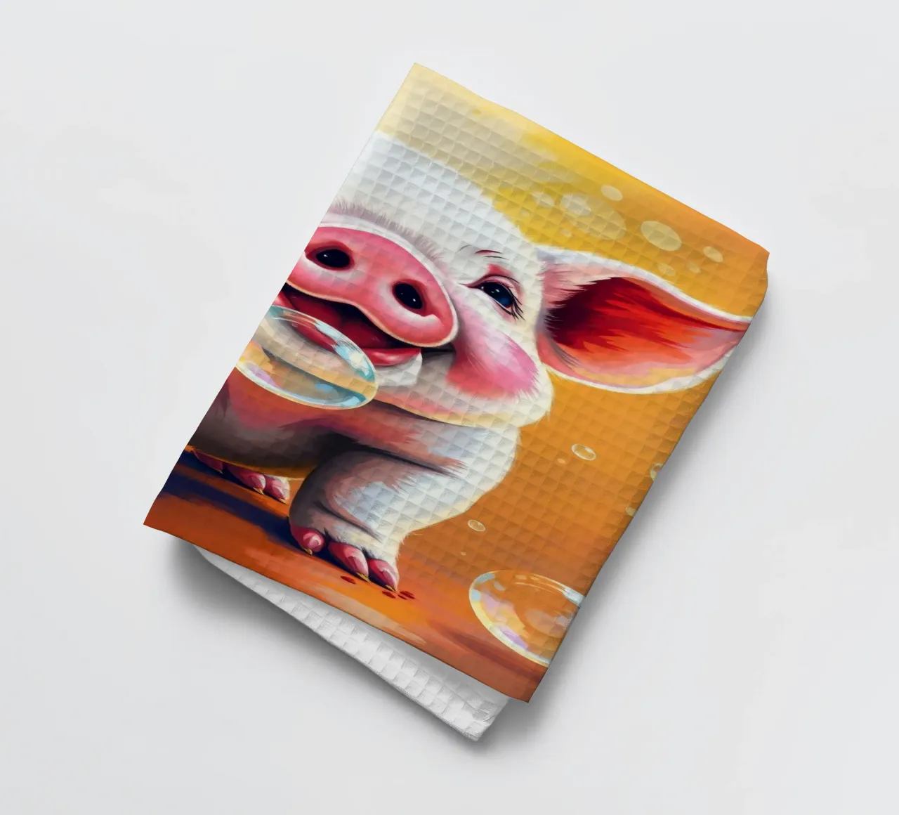 Happy piglet blowing bubbles in a playful mood tea towel by DesignDoodle