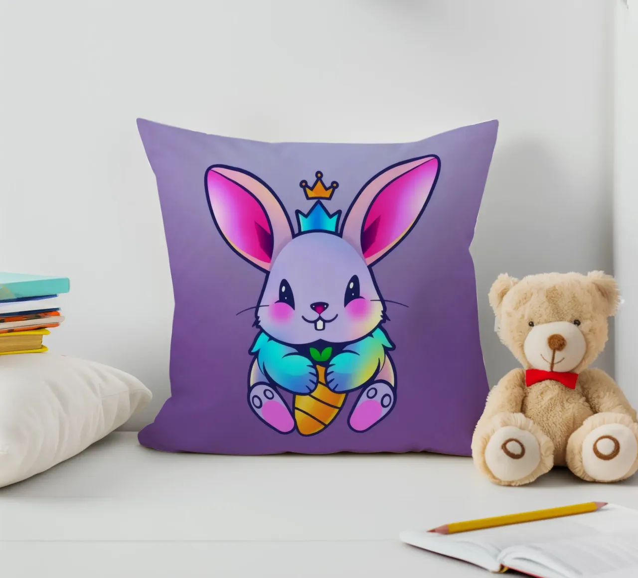 coniglio a cartoni animati con corona e carota su un vivace sfondo viola cuscino da DesignDoodle