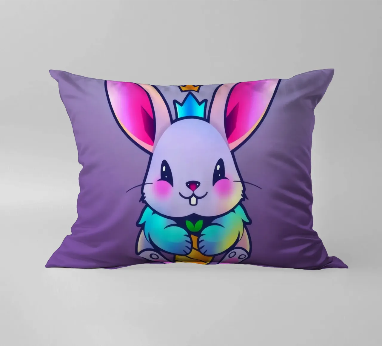 coniglio a cartoni animati con corona e carota su un vivace sfondo viola cuscino da DesignDoodle