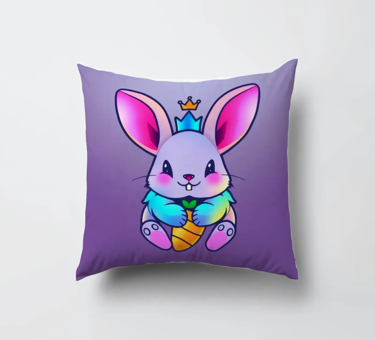 coniglio a cartoni animati con corona e carota su un vivace sfondo viola cuscino da DesignDoodle