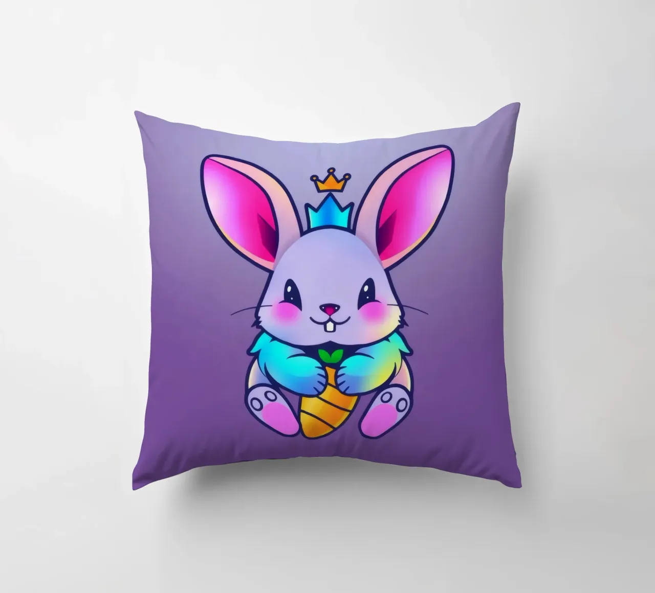 coniglio a cartoni animati con corona e carota su un vivace sfondo viola cuscino da DesignDoodle