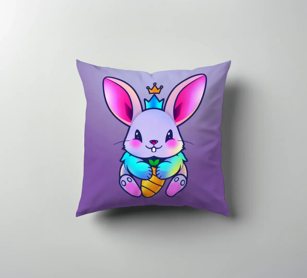coniglio a cartoni animati con corona e carota su un vivace sfondo viola cuscino da DesignDoodle