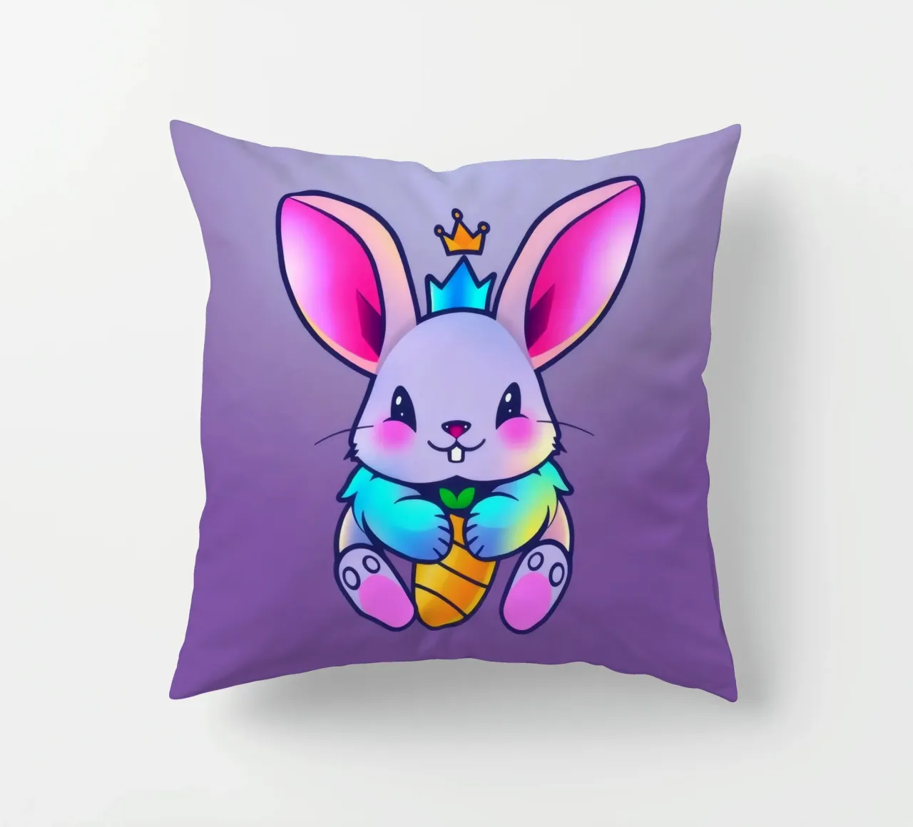 coniglio a cartoni animati con corona e carota su un vivace sfondo viola cuscino da DesignDoodle
