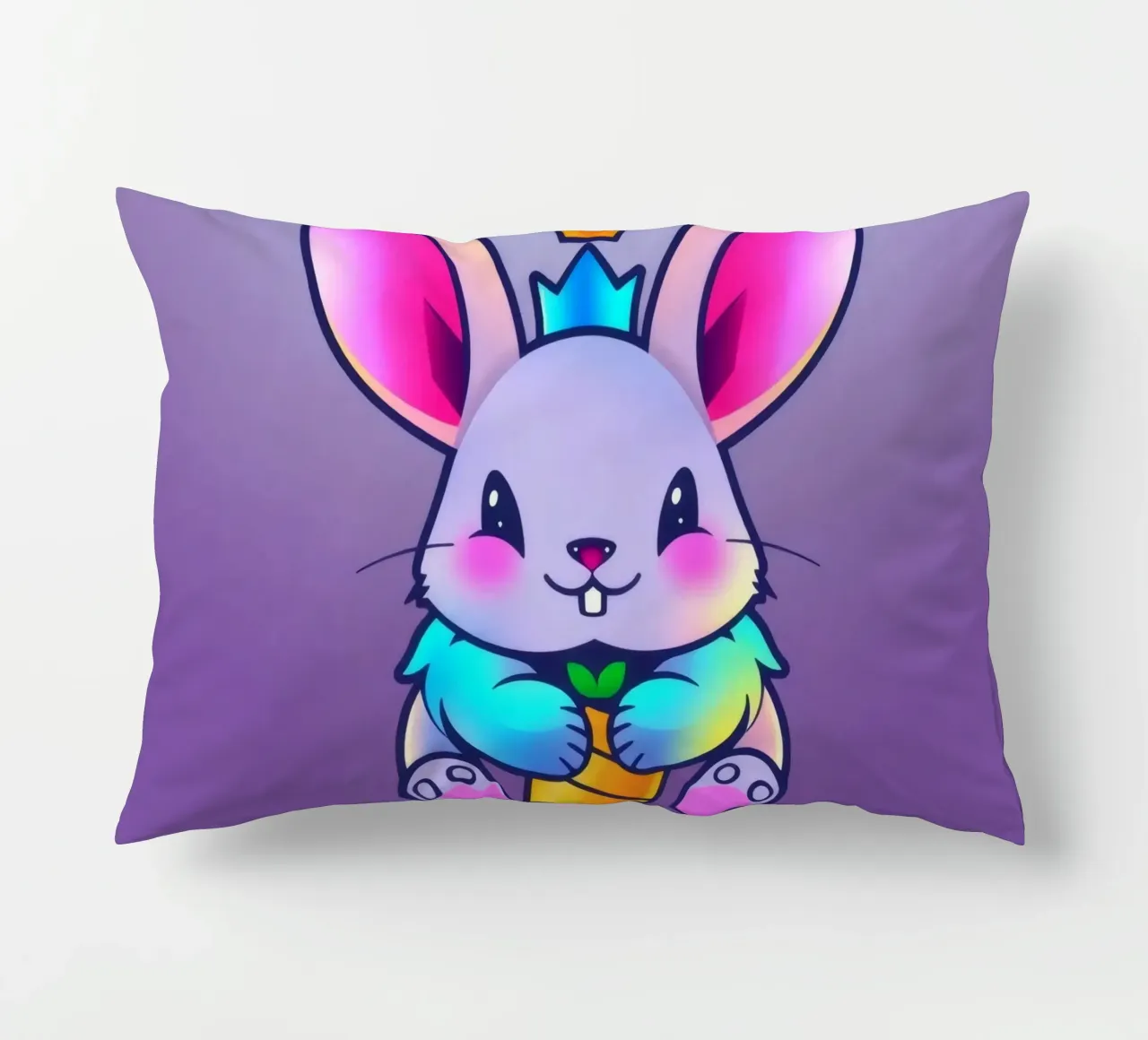 coniglio a cartoni animati con corona e carota su un vivace sfondo viola cuscino da DesignDoodle