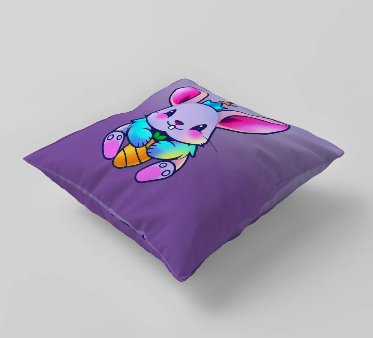coniglio a cartoni animati con corona e carota su un vivace sfondo viola cuscino da DesignDoodle