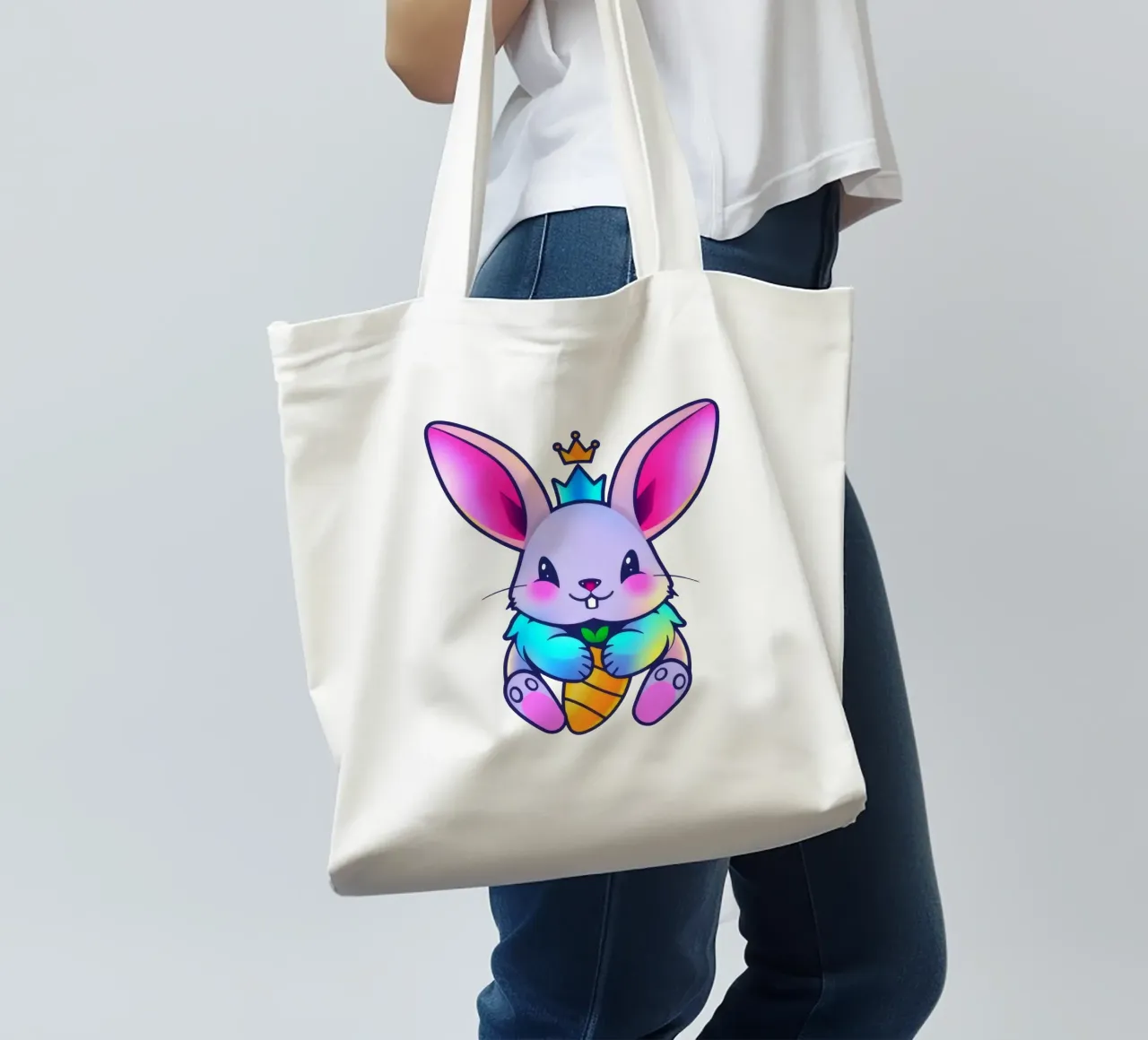 coniglio a cartoni animati con corona e carota su un vivace sfondo viola borsa in juta da DesignDoodle