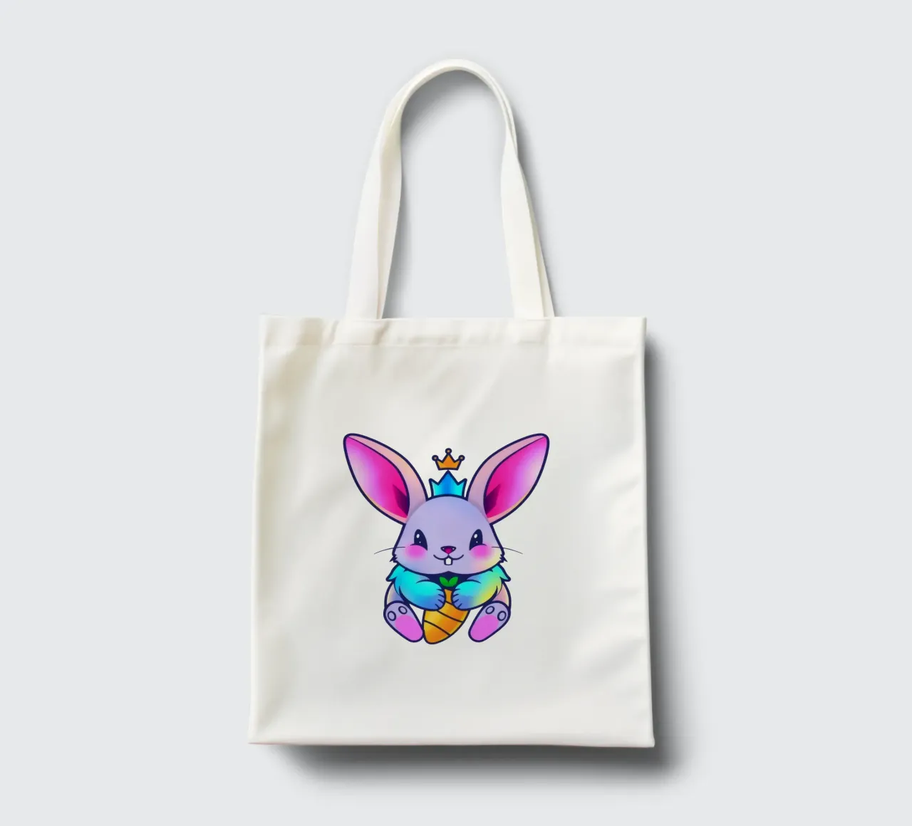 coniglio a cartoni animati con corona e carota su un vivace sfondo viola borsa in juta da DesignDoodle