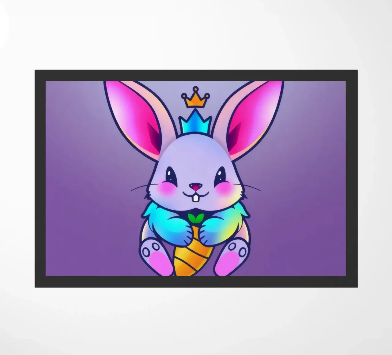 coniglio a cartoni animati con corona e carota su un vivace sfondo viola zerbino da DesignDoodle
