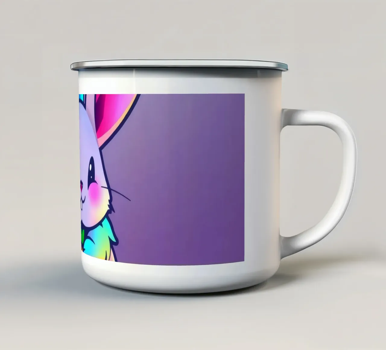 coniglio a cartoni animati con corona e carota su un vivace sfondo viola tazza in smalto da DesignDoodle
