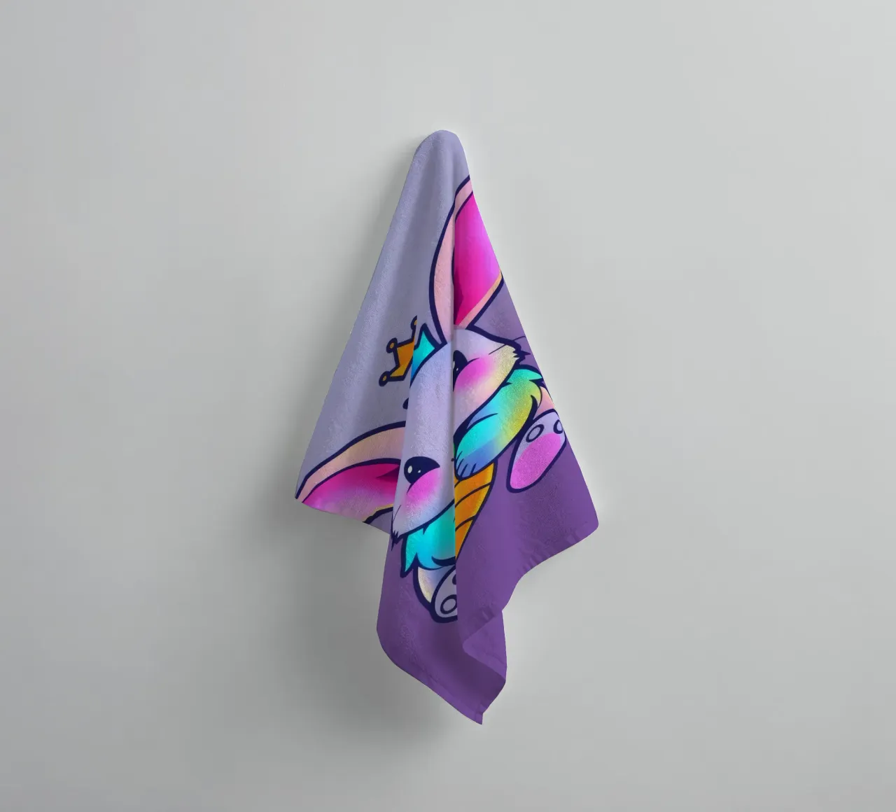 cartoon rabbit with a crown and a carrot on a vibrant purple towel by DesignDoodle