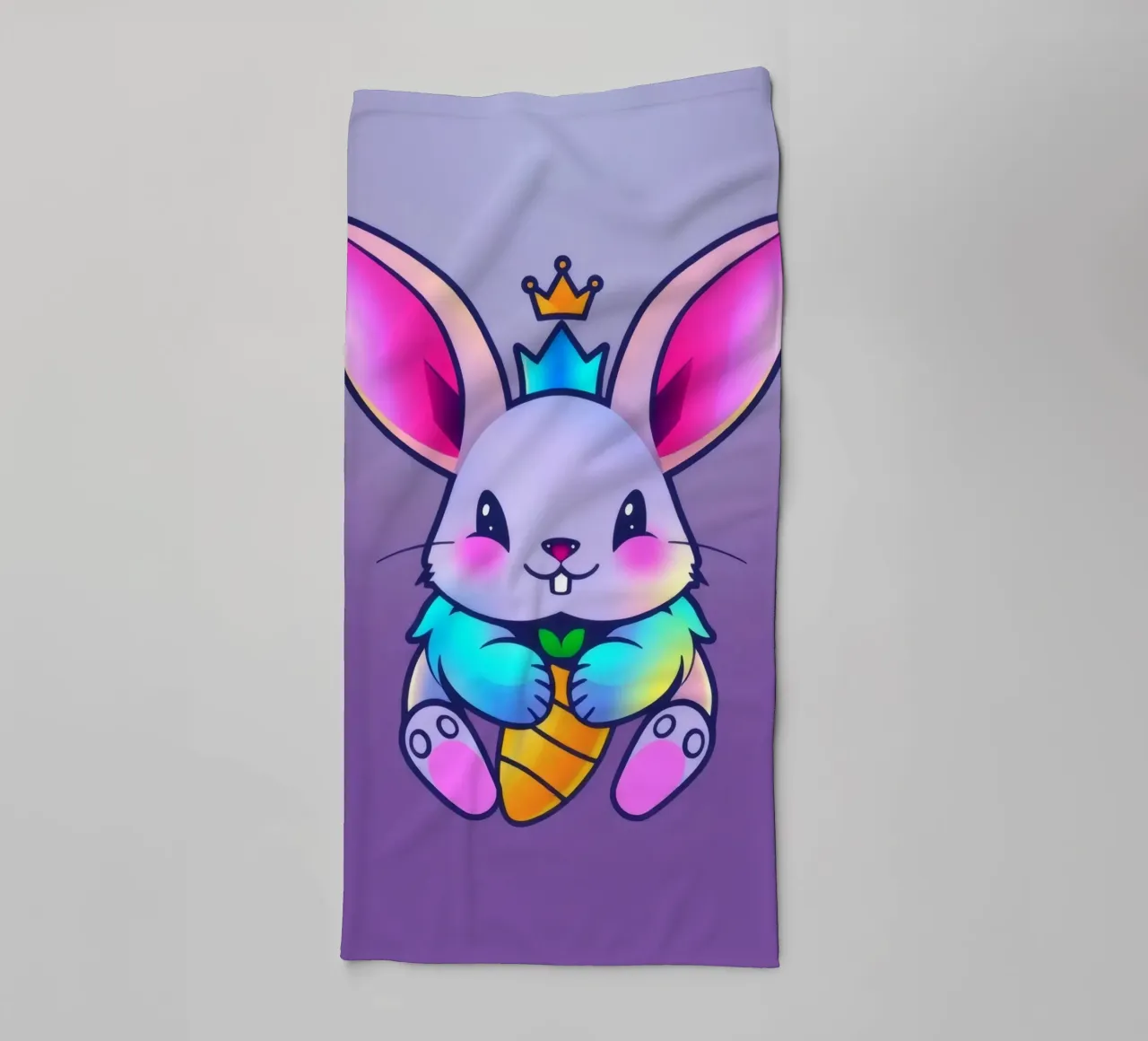 cartoon rabbit with a crown and a carrot on a vibrant purple towel by DesignDoodle