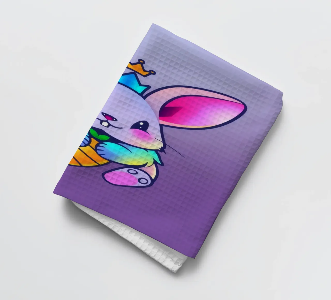 lapin de dessin animé avec une couronne et une carotte sur un fond violet vibrant torchon de DesignDoodle