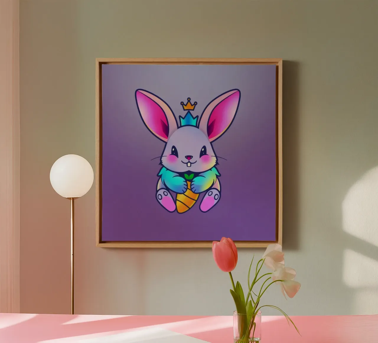 cartoon rabbit with a crown and a carrot on a vibrant purple canvas with Floater frame by DesignDoodle